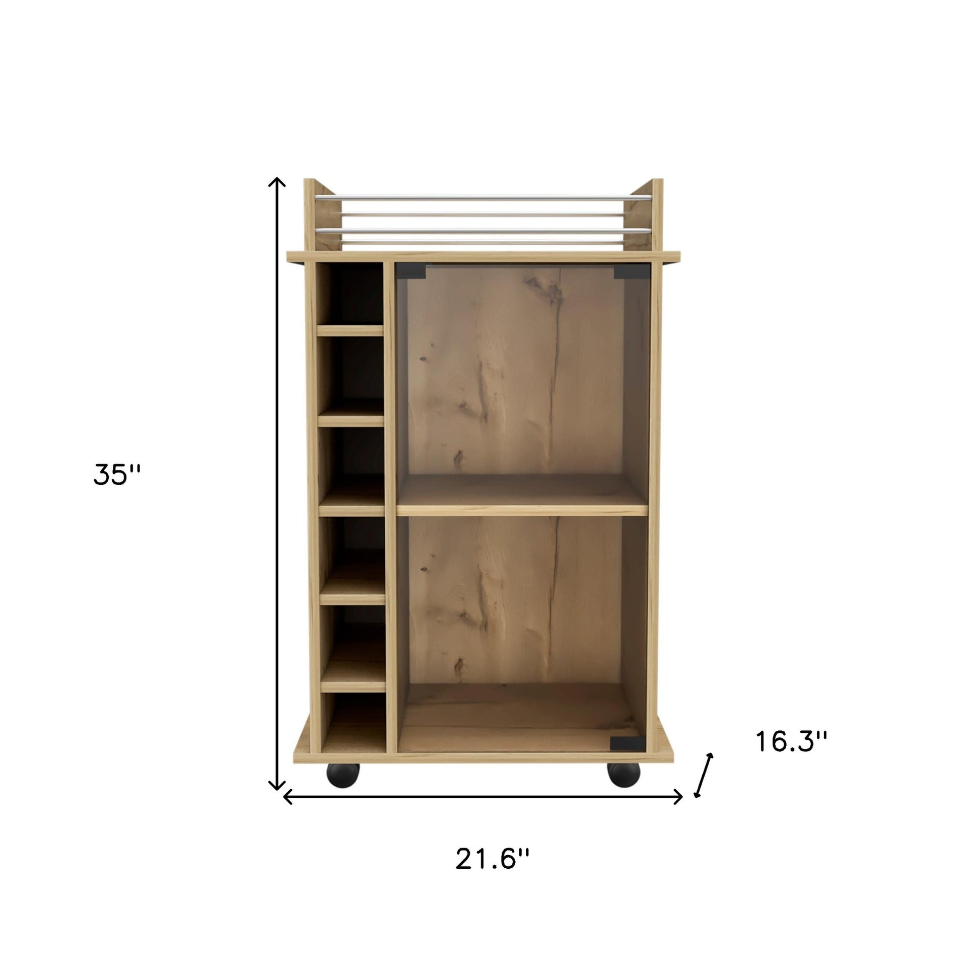 Oak Rolling Bar Cart With Wine Storage
