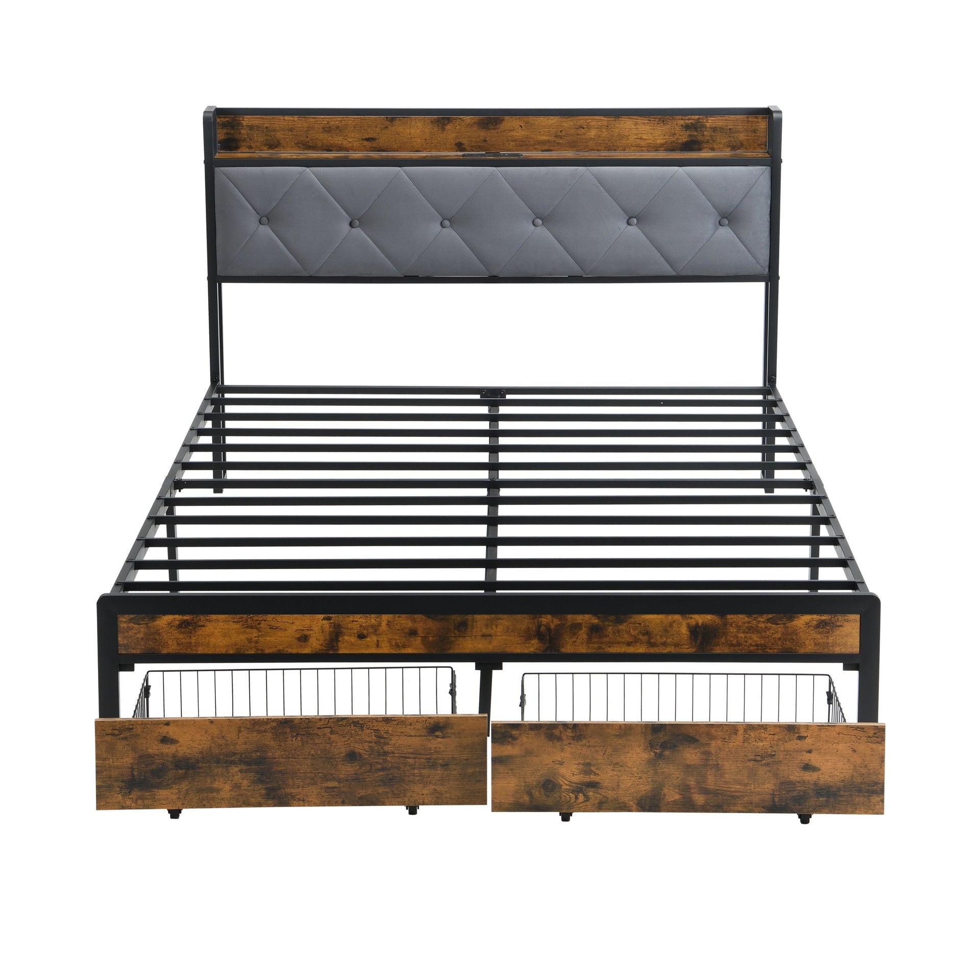 Modern Full Bed Frame with LED Lights, Upholstered Headboard, Storage Drawers, USB Charging, Grey MDF & Iron