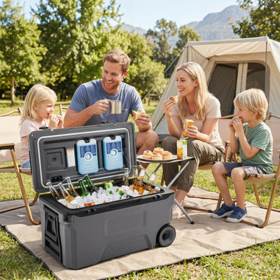 53 Quart Portable Rolling Cooler with Fish Ruler for Outdoor-Gray