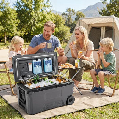 53 Quart Portable Rolling Cooler with Fish Ruler for Outdoor-Gray