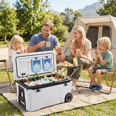 53 Quart Portable Rolling Cooler with Fish Ruler for Outdoor-White