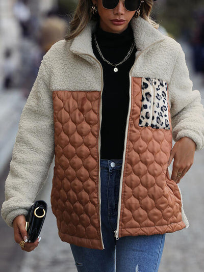 Unique Autumn Leopard Color Block Zip-Up Jacket Trendy Lightweight Jacket with Pockets Charming Winter Jacket