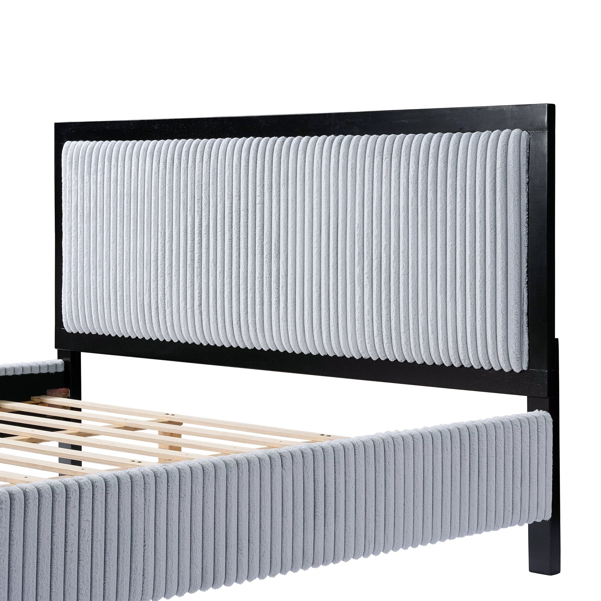 Queen Upholstered Bed with Fluffy Soft Headboard,Grey+Black Frame
