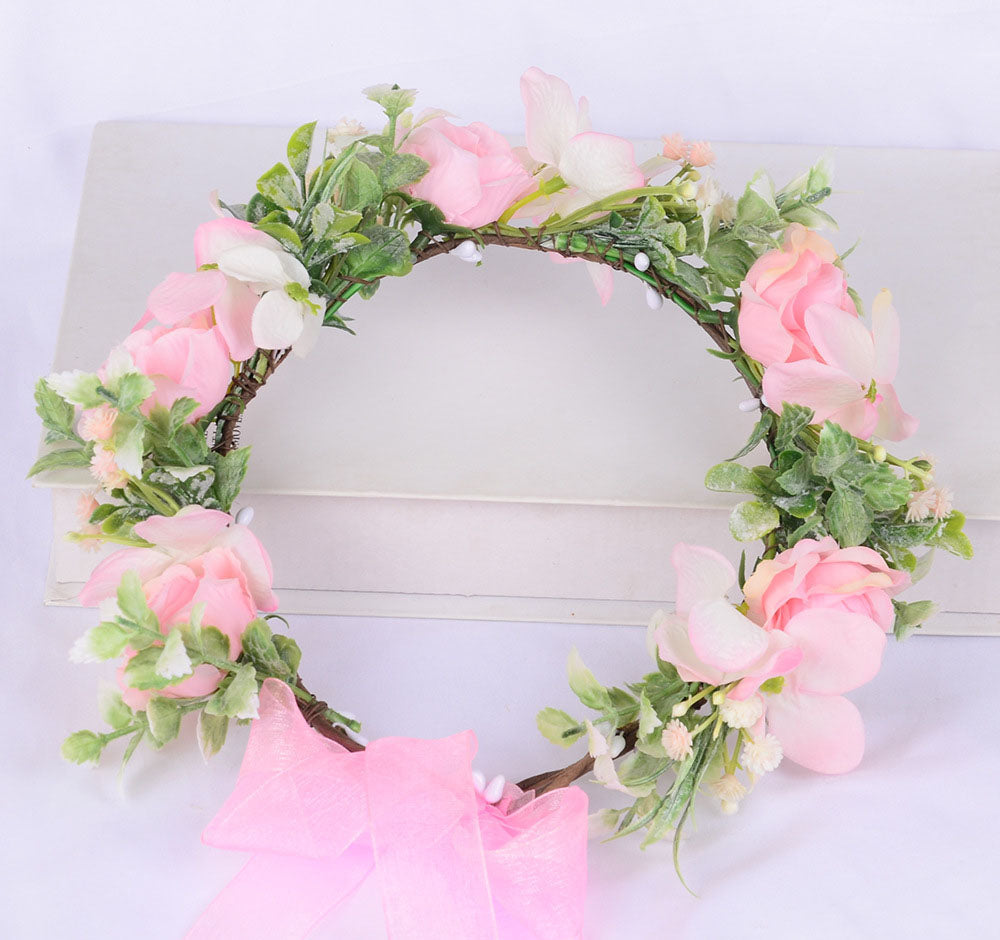 Spring flower wreath, fresh simulation flower headdress, green plants, flowers, crown, bride's vacation, wedding headdress, flow