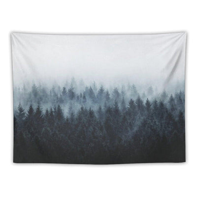 High And Low Dark Romantasy Moody Wilderness Dream Forest With Cascadia Trees Covered In Fog Tapestry