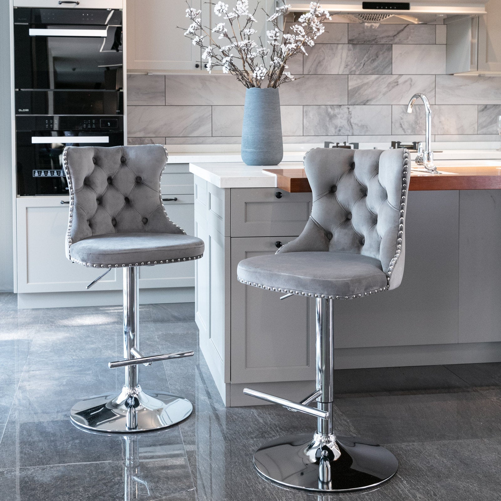(Gray,Set of 2) 25-33 Inch, Modern Upholstered Chrome base Bar Stools with Backs Comfortable Tufted for Home Pub and Kitchen