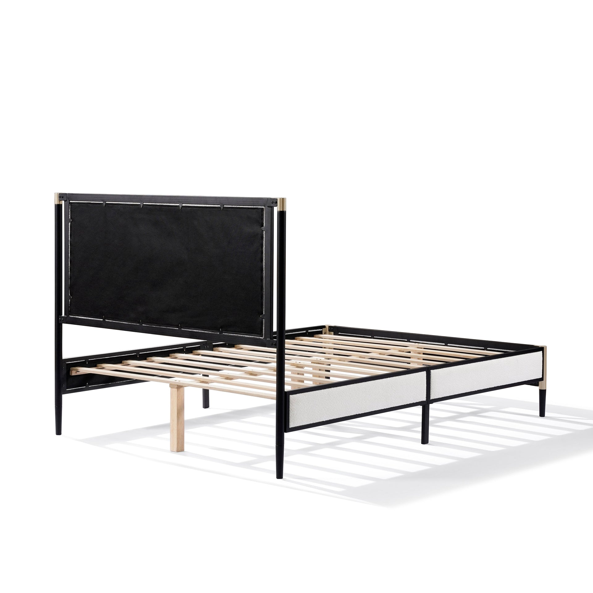 Full size Bed with White Boucle fabric Headboard,Champagne Silver+Black Frame
