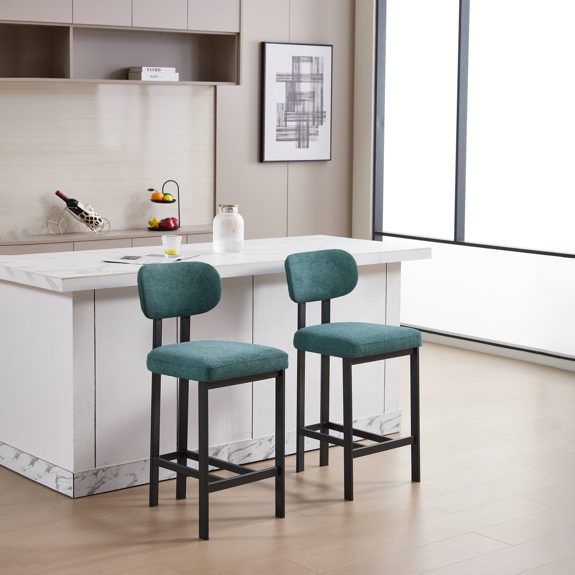 Bar Stools Set of 2, 26 inch Modern Upholstered Fabric Counter Height Barstools, Kitchen Island Chairs with Black Metal Legs for Dining Room/Kitchen Island/Bar