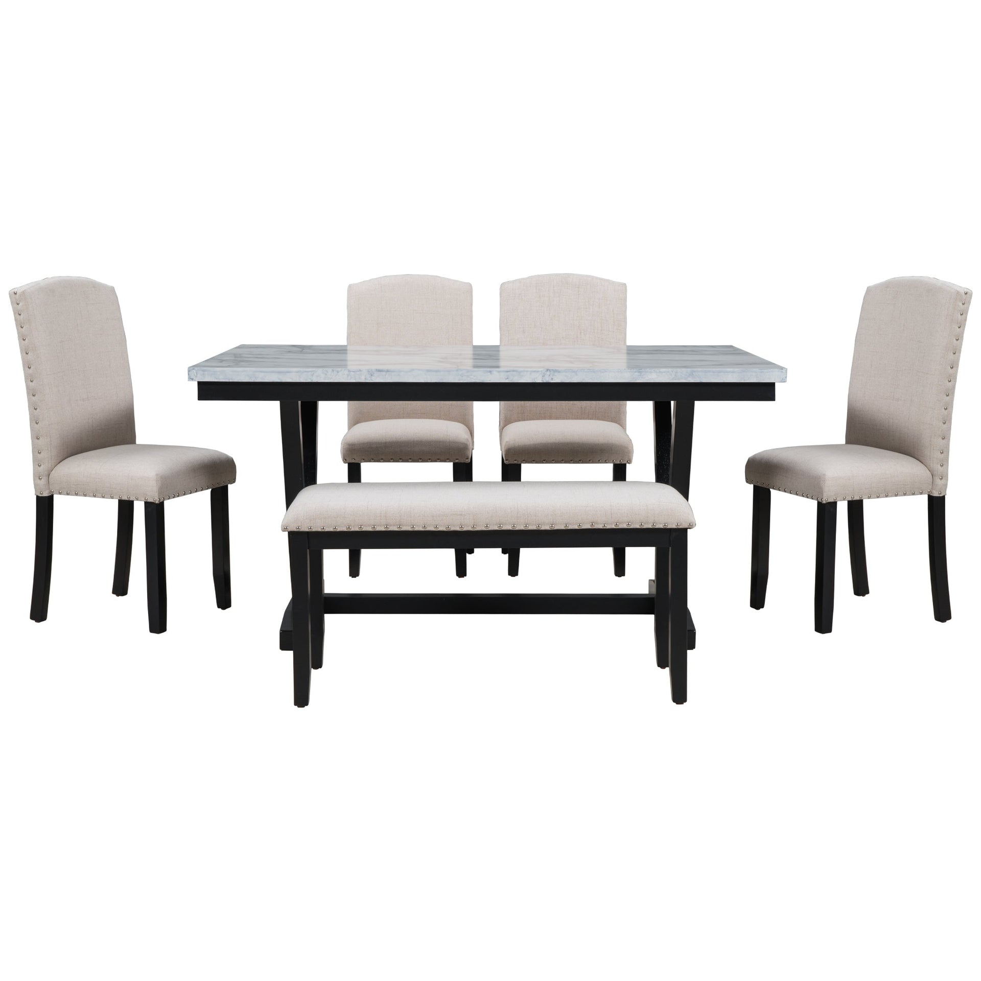 TREXM Modern Style 6-piece Dining Table with 4 Chairs & 1 Bench (White)
