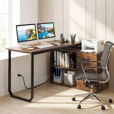 55 Inch Reversible L Shaped Desk with 3 Drawers Home Office Desk with Adjustable Shelf-Rustic Brown