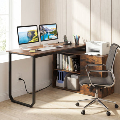 55 Inch Reversible L Shaped Desk with 3 Drawers Home Office Desk with Adjustable Shelf-Rustic Brown