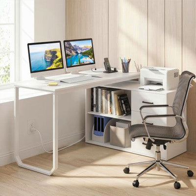 55 Inch Reversible L Shaped Desk with 3 Drawers Home Office Desk with Adjustable Shelf-White