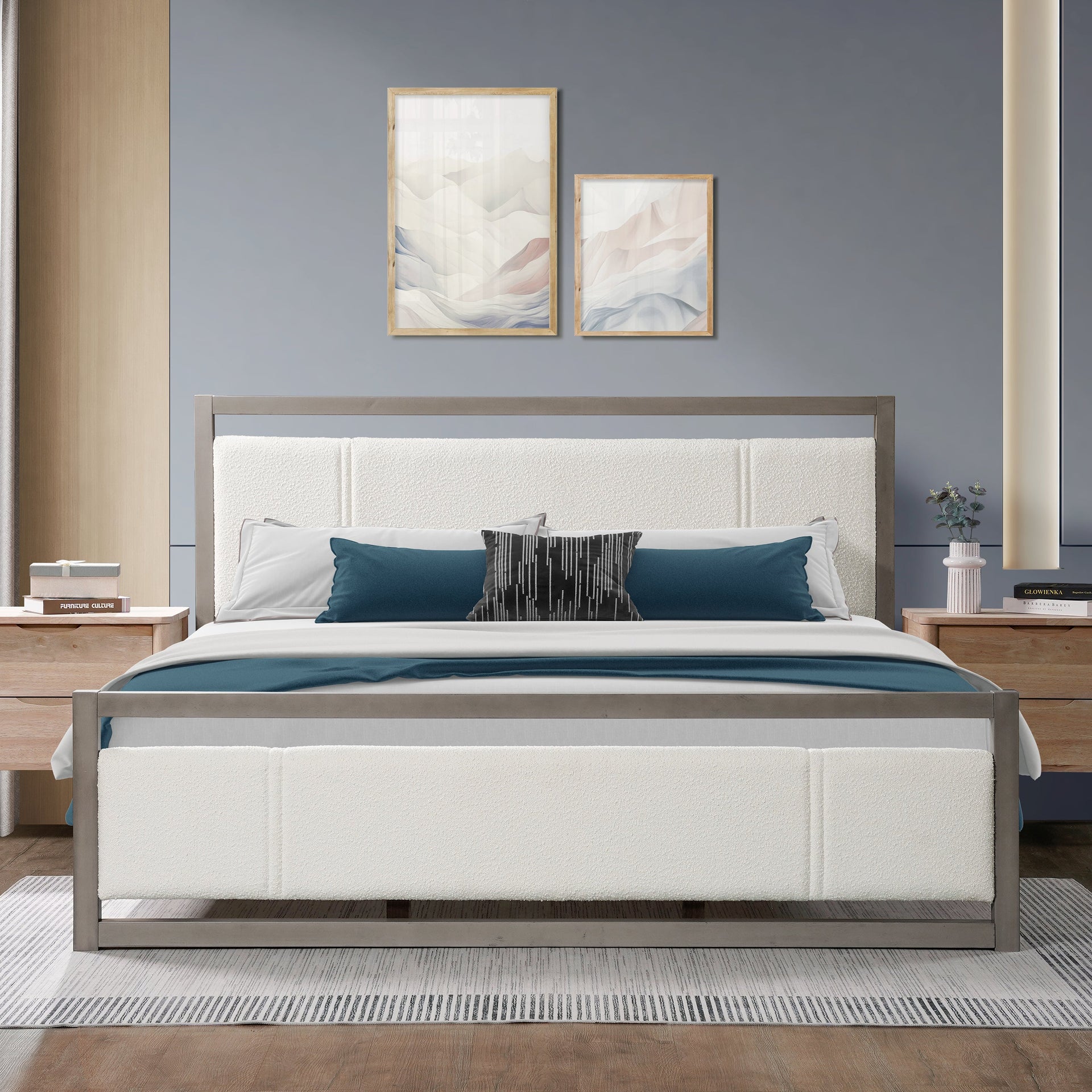King Bed with Ivory Boucle fabric Headboard, Wood Frame