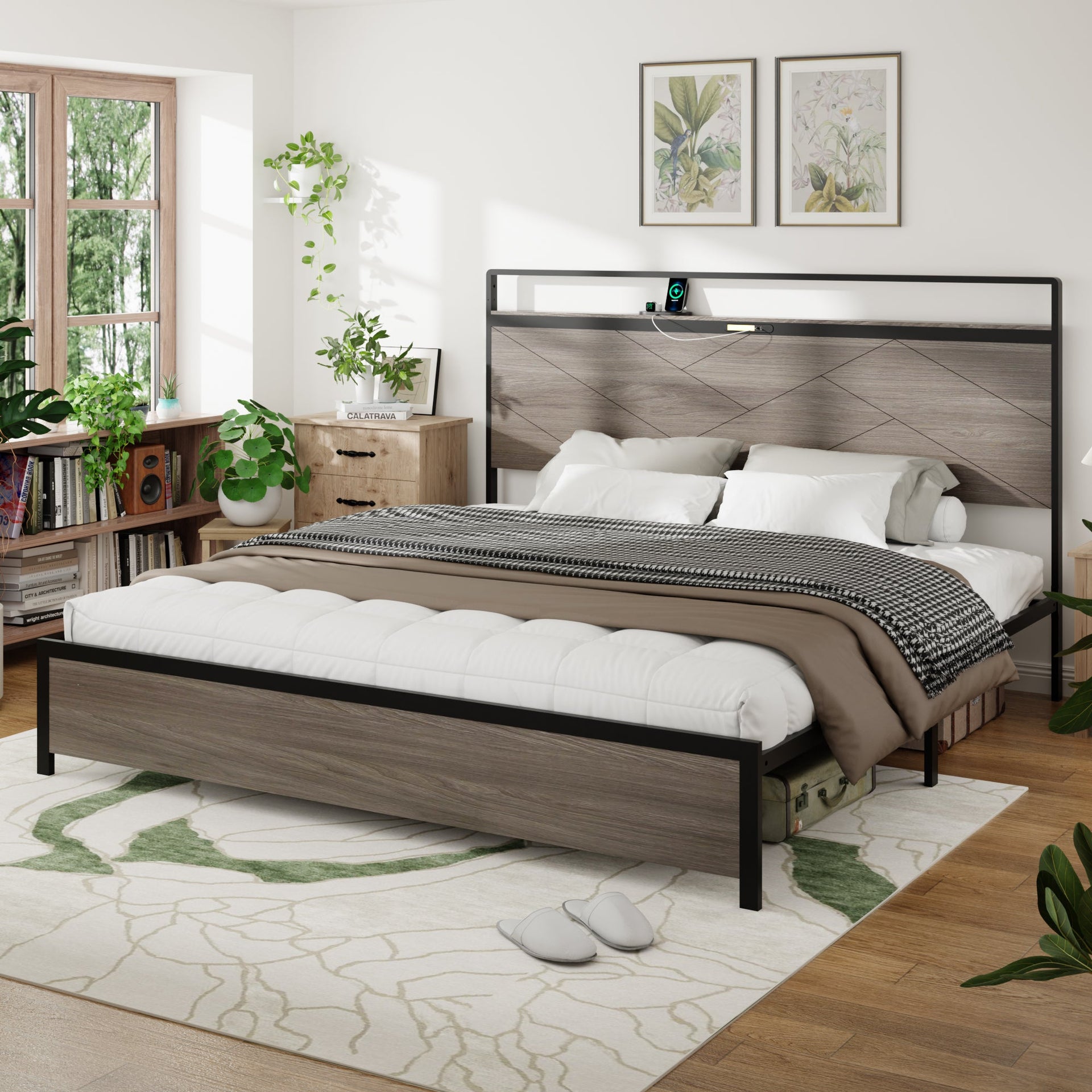 Bed frame king size, wooden platform bed frame with storage LED light headboard and 2 USB, no noise, no spring mattress required and simple assembly tools, large underbed storage, Antique Grey