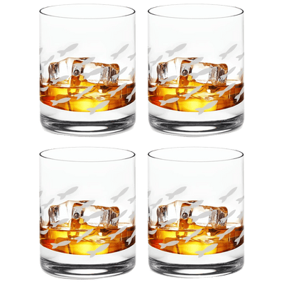 Fish Old Fashion Drinking Glasses, Fish Glasses For White and Red Wine, Water or Whiskey, by The Wine Savant, Each Glass Is Individually Sand Etched - Fish Wine Glasses