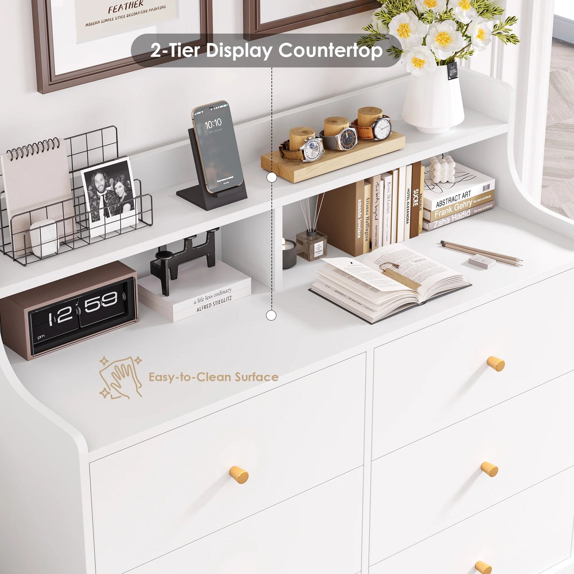 6 Drawer Double White Dresser with Hutch, Modern Wood Dresser Storage Cabinet for Bedroom Living Room