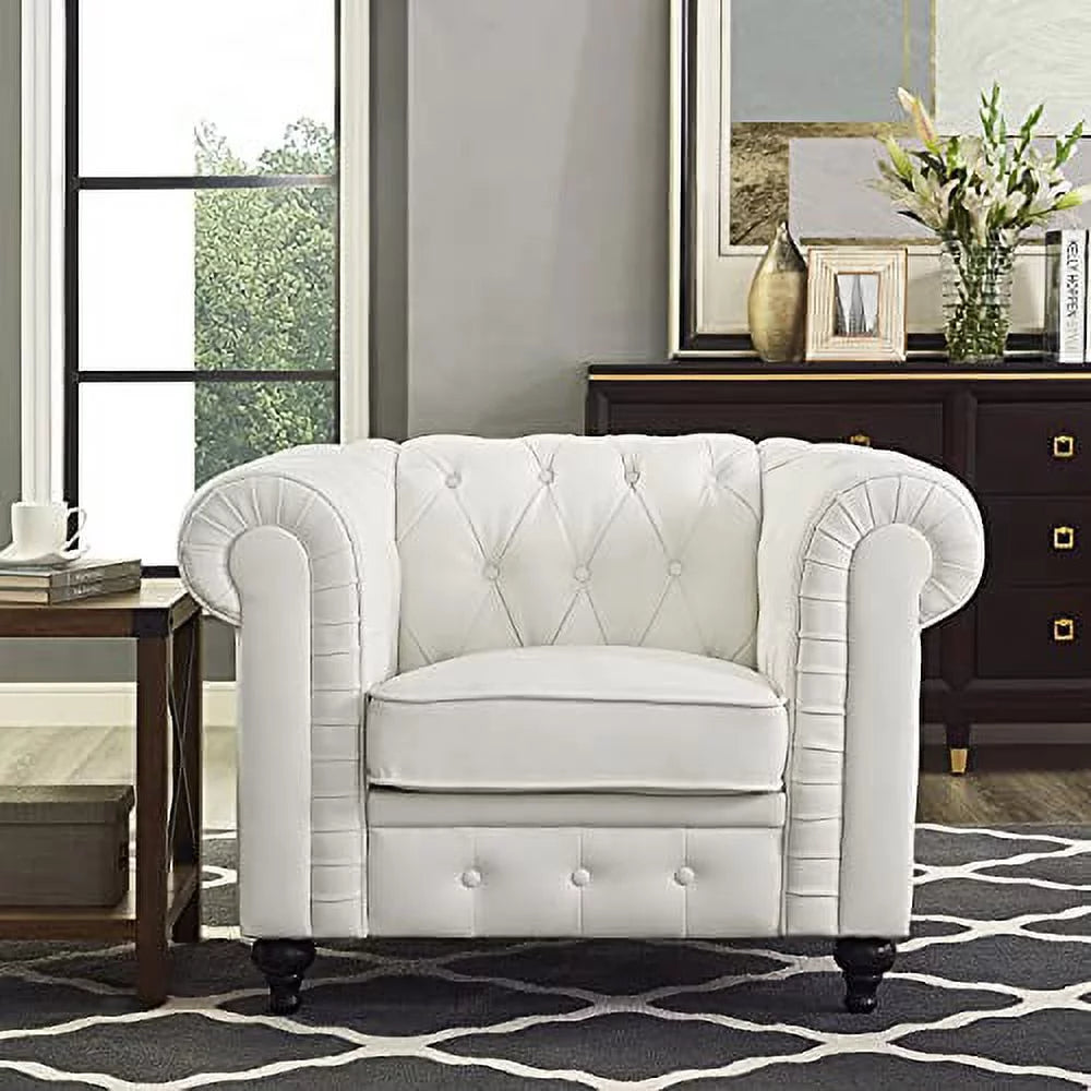2 Piece Living Room Set, Faux Leather Chesterfield Sofa & Chair, Deep Button Tufted with Rolled Arms, Home Furniture