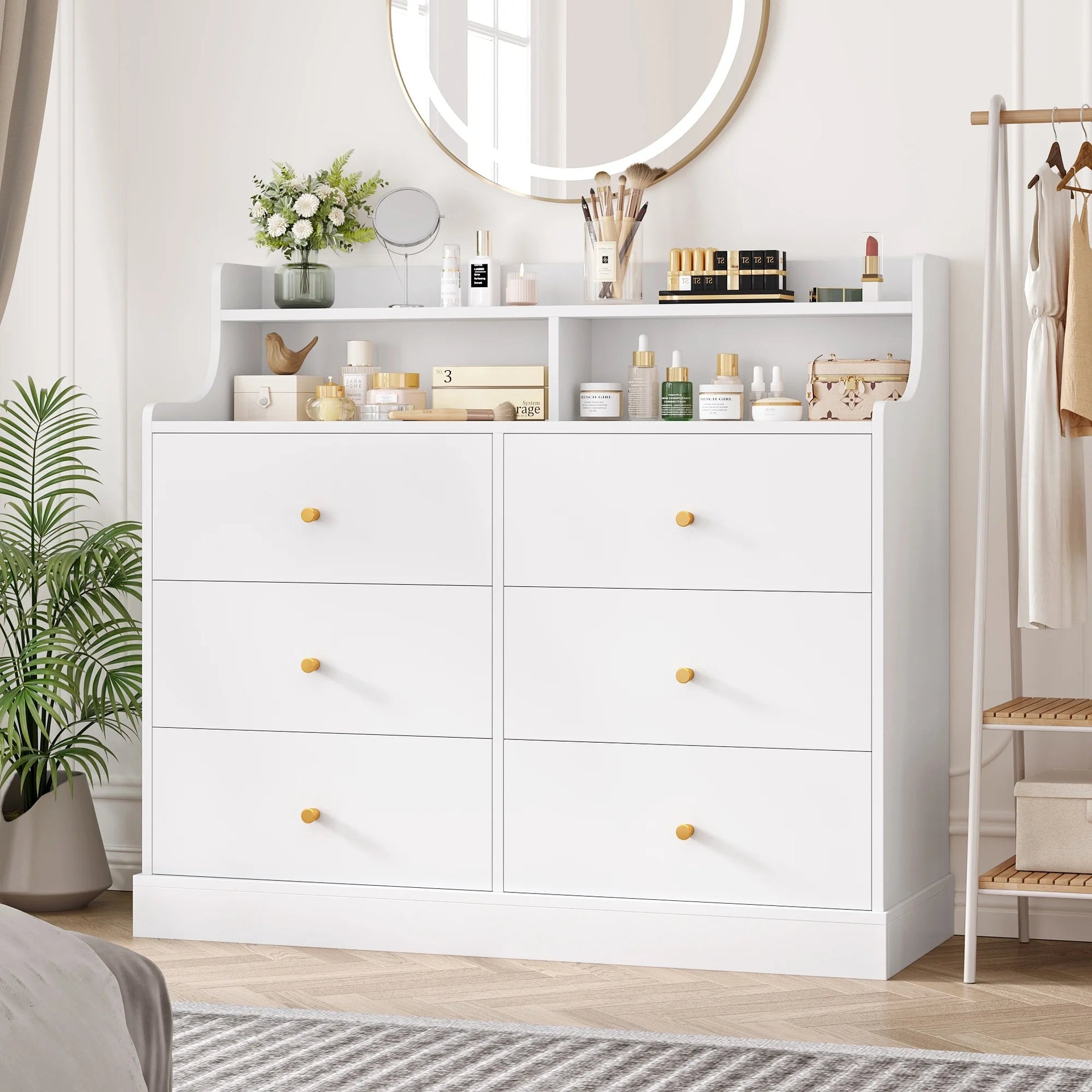 6 Drawer Double White Dresser with Hutch, Modern Wood Dresser Storage Cabinet for Bedroom Living Room