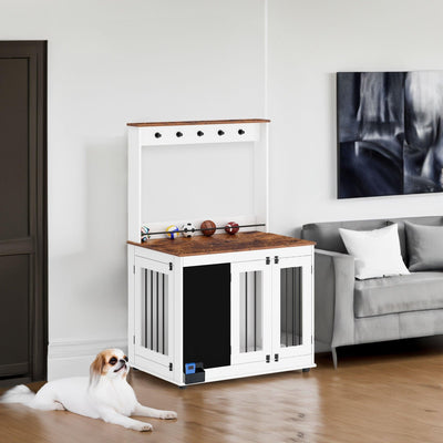 Dog crate,Graffiti dog cage, kennel with double doors, crate interior furniture, heavy wooden dog cage, large dog, white