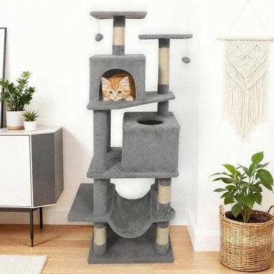 57 Inch Cat Tree with Dual Condos and Hammock and 2 Dangling Balls-Light Gray