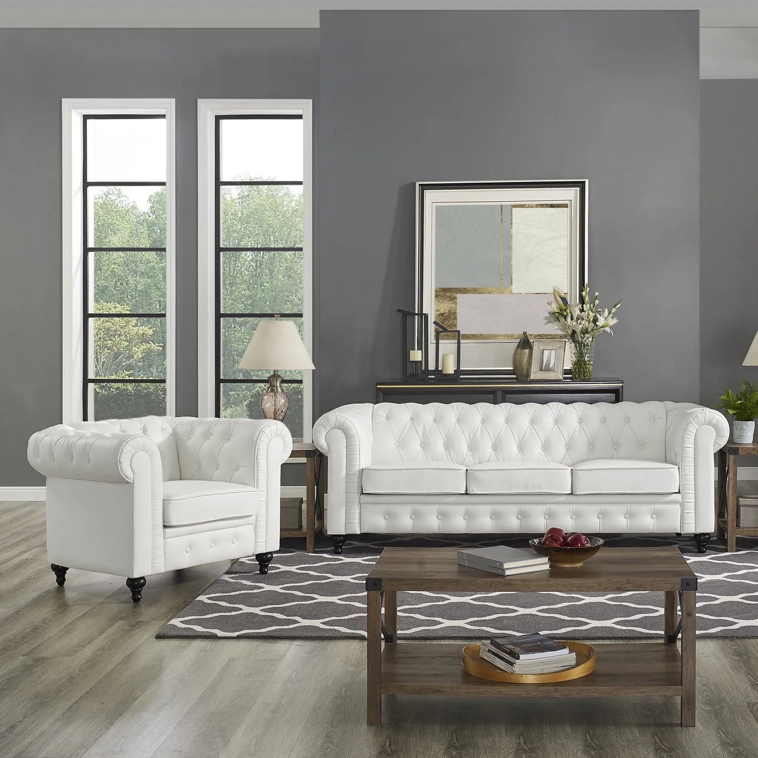 2 Piece Living Room Set, Faux Leather Chesterfield Sofa & Chair, Deep Button Tufted with Rolled Arms, Home Furniture