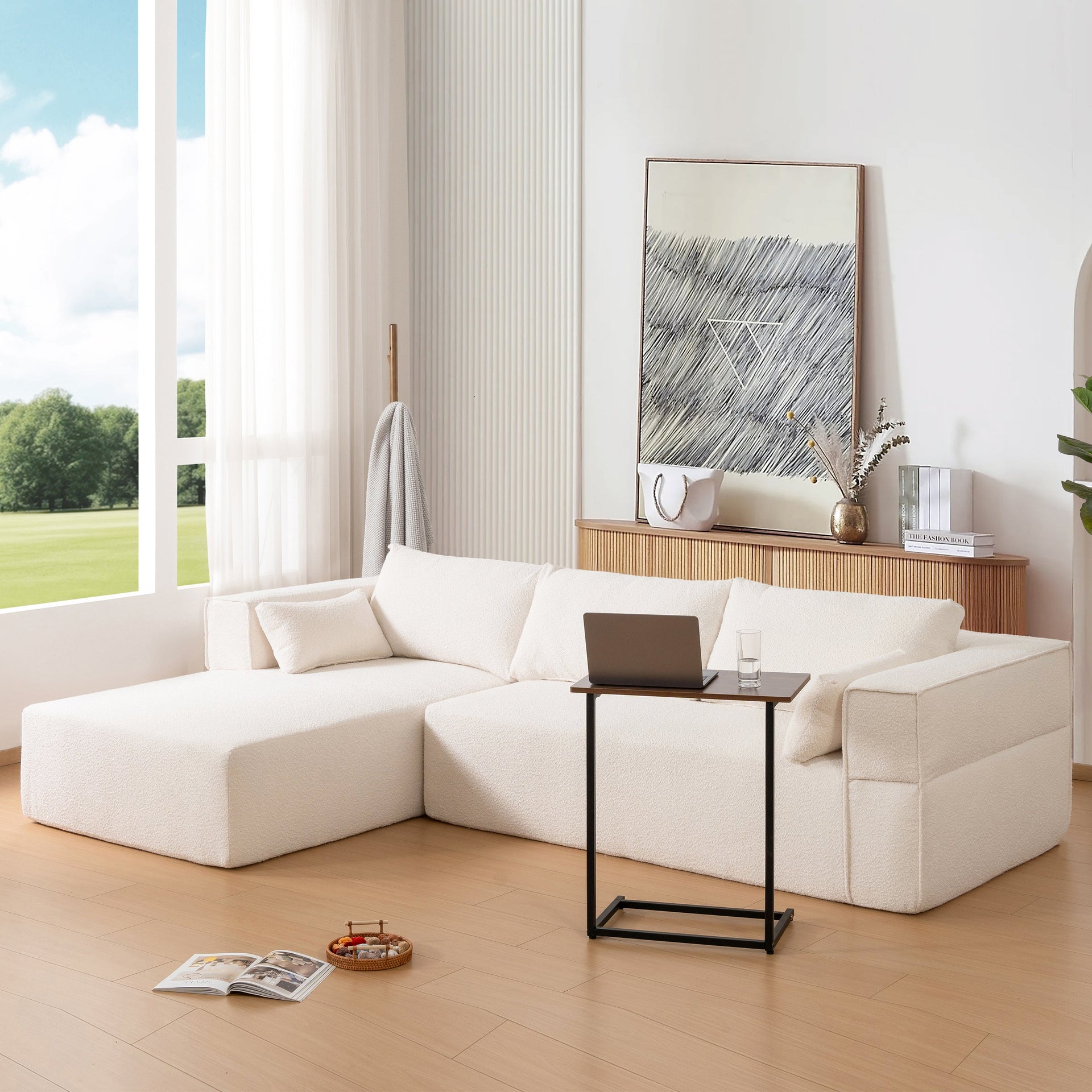 112'Modular Sectional Sofa with Free Side Table,Wide Seat,Fully Compressed,Wrinkle-resistant Boucle Fabric Couch with Chaise,Free Combination,L-Shaped Sofa for Living Room,No Assembly Required,3 Color