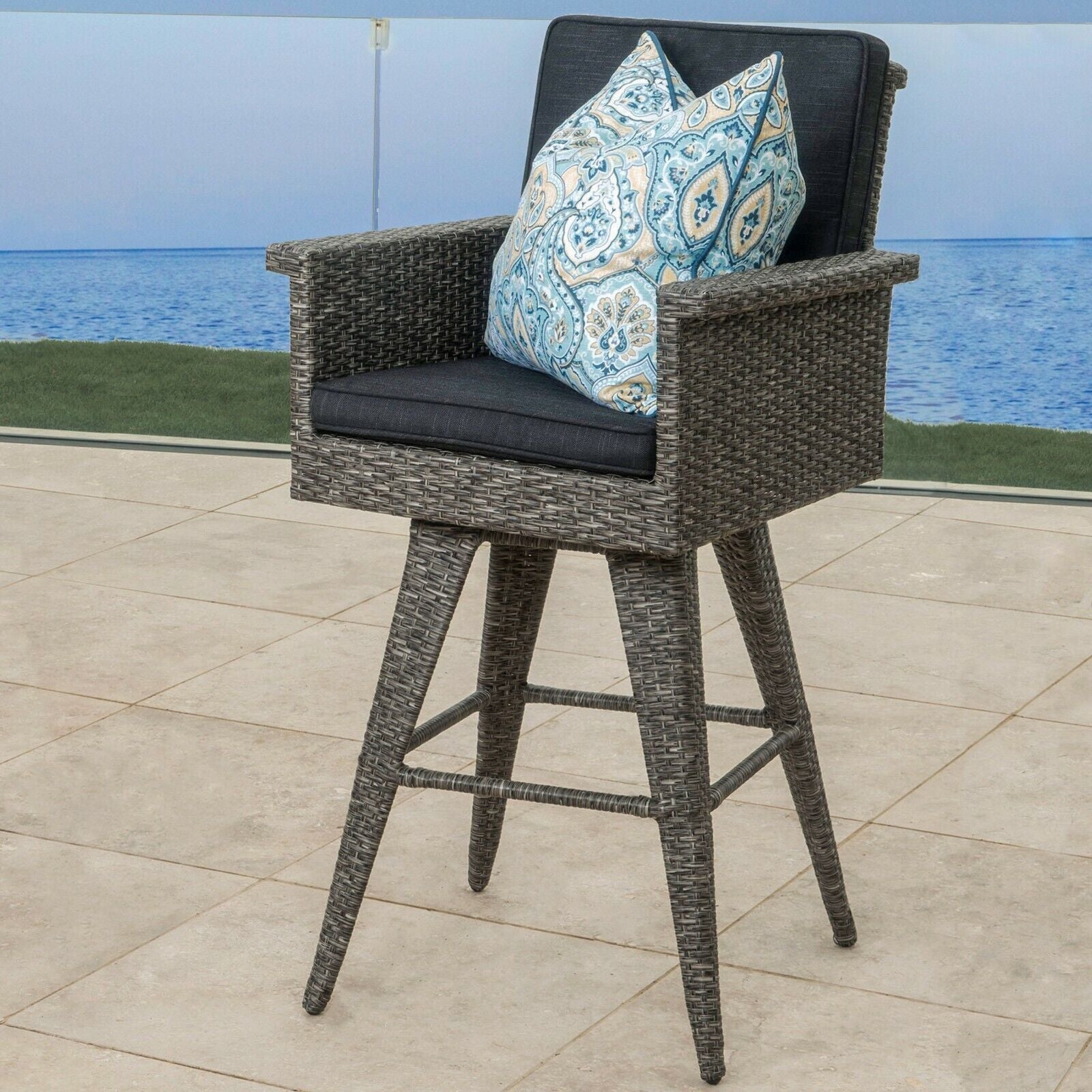 30' Outdoor PE Rattan Swivel Barstool with Water Resistant Cushion, Mixed Black Wicker, Dark Grey Cushion