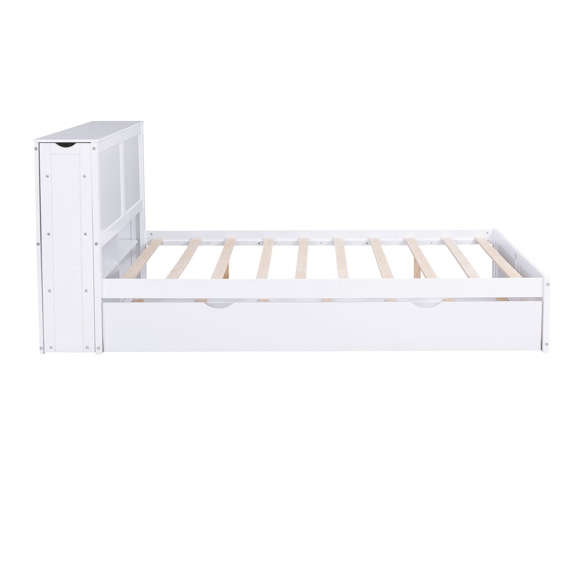 Queen Size Storage Platform Bed with Pull Out Shelves and Twin XL Size Trundle White