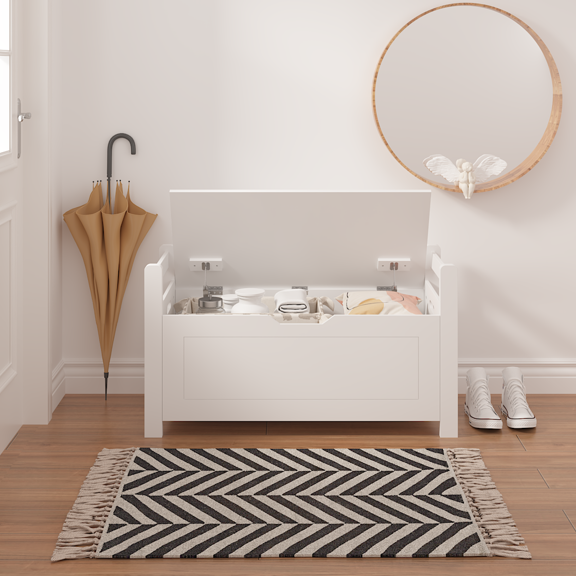 White dresser with open drawers in a room with a rug, shoes, and an umbrella.