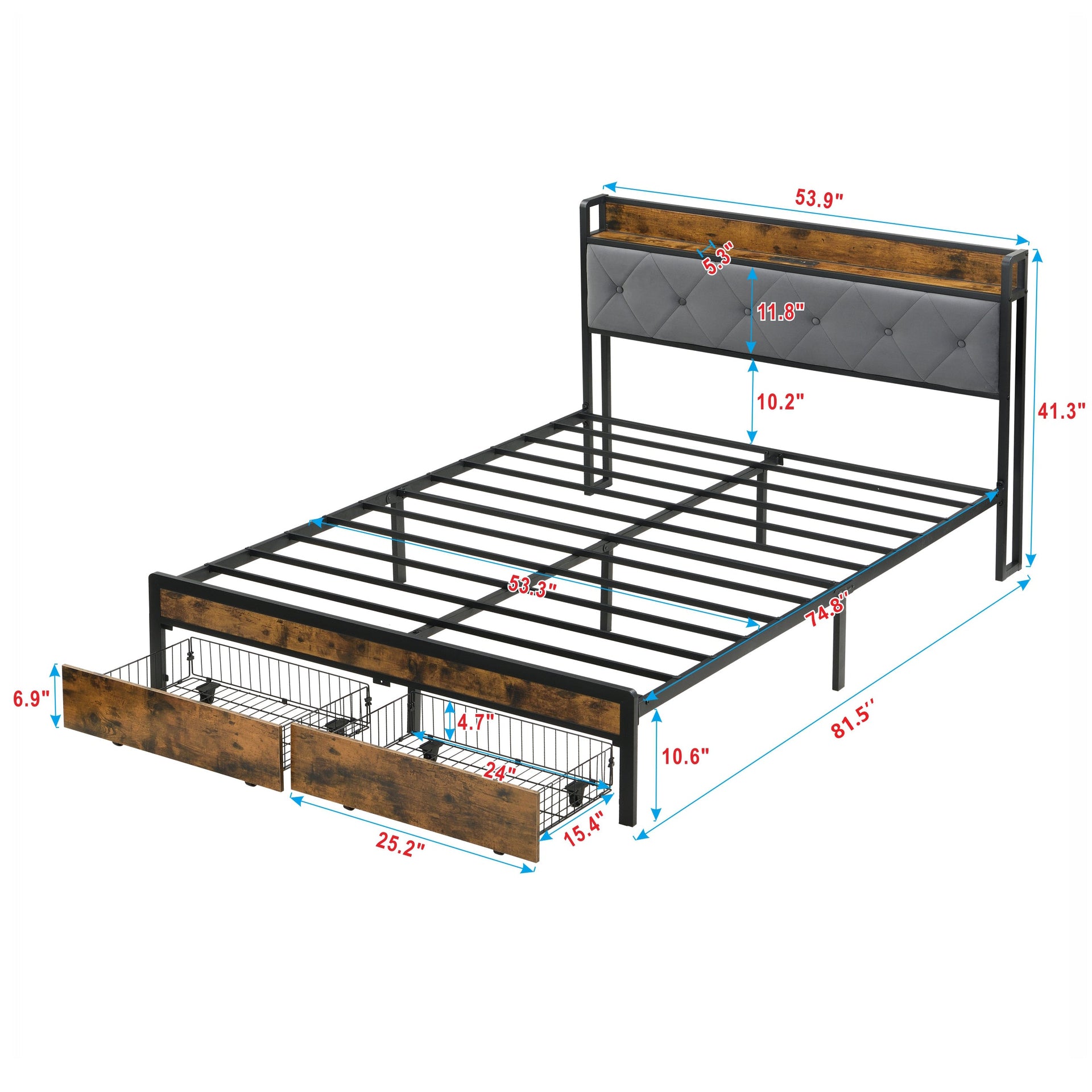 Modern Full Bed Frame with LED Lights, Upholstered Headboard, Storage Drawers, USB Charging, Grey MDF & Iron
