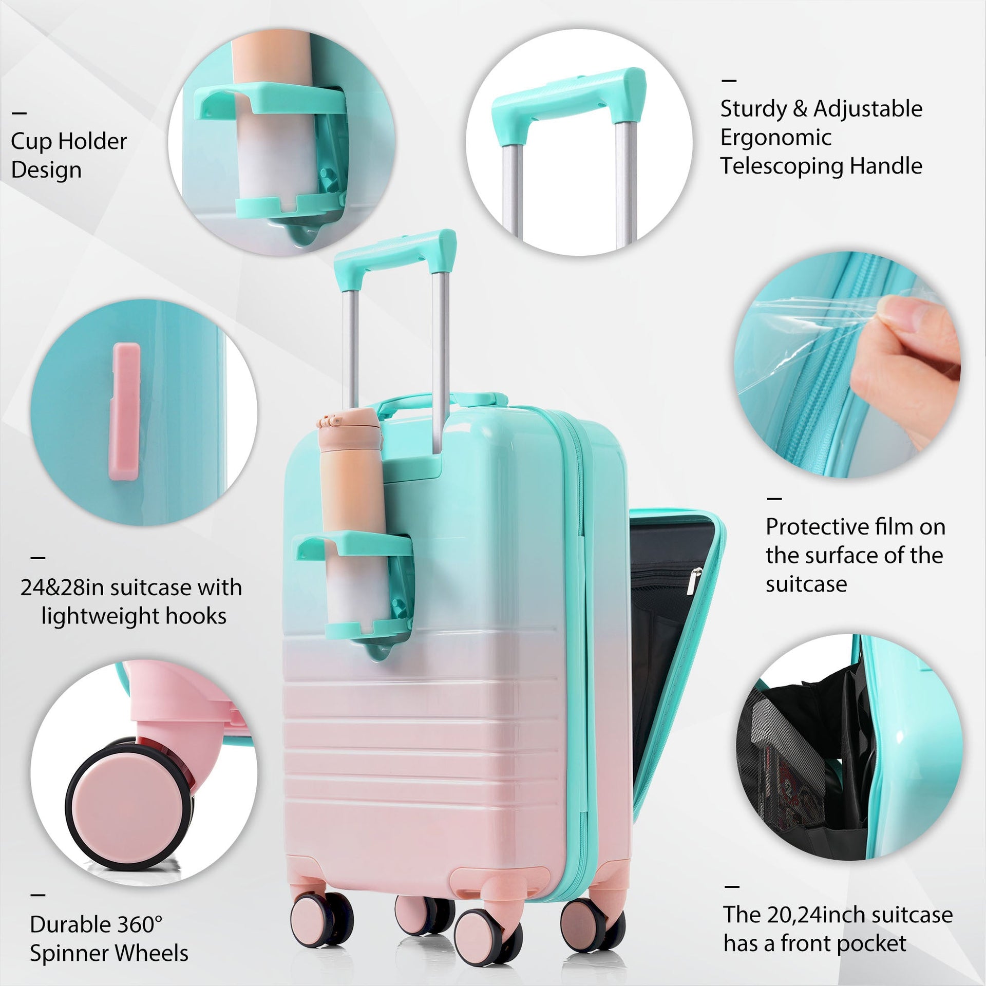 Luggage Set of 3, 20, 24, 28inch with USB Port, 20, 24inch with front opening design Airline Certified Carry on Luggage with Cup Holder, ABS+PC Hard Shell Luggage with Spinner Wheels, light blue