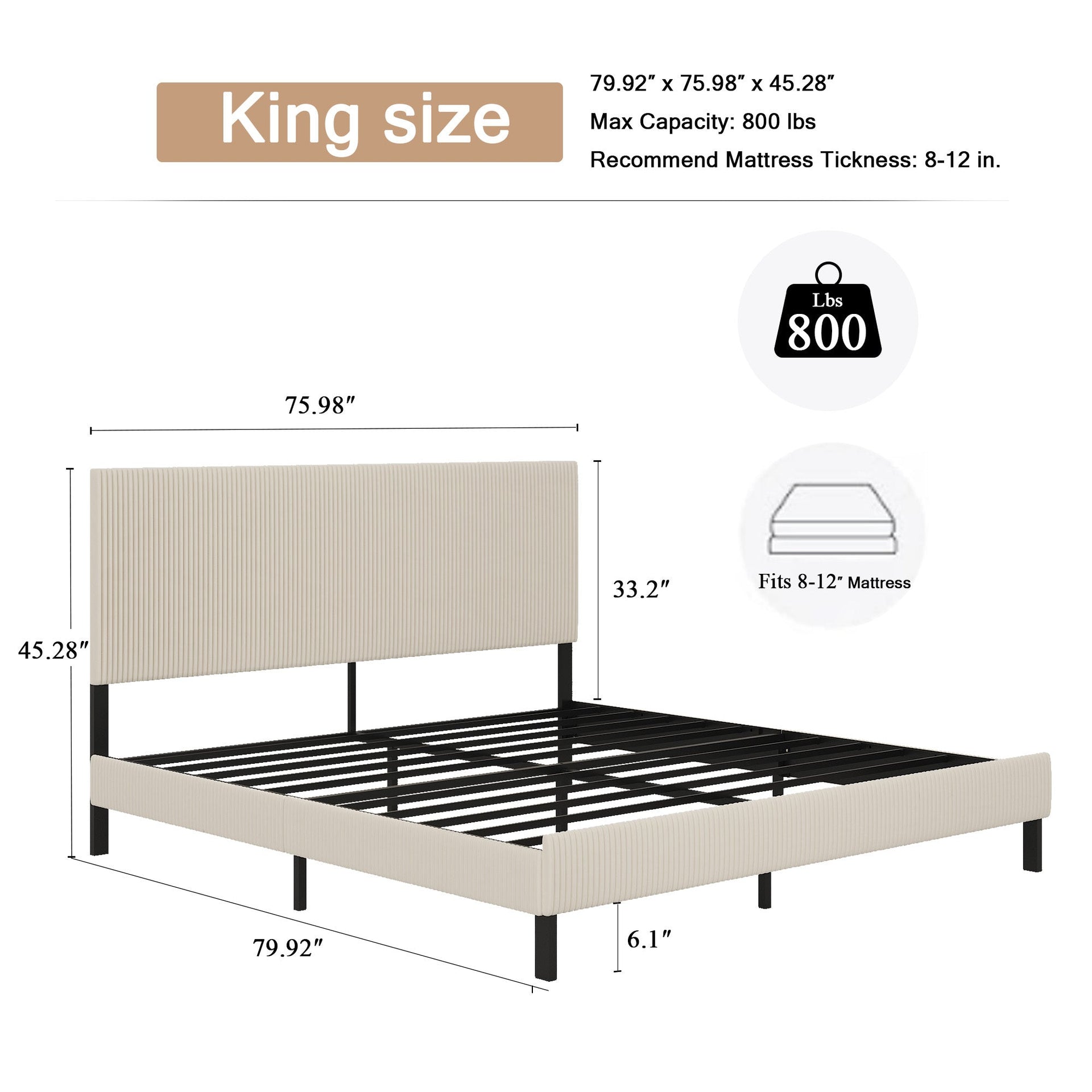 King bed frame with a bandaged headboard is stable and easy to assemble, and the style is simple and elegant,beige