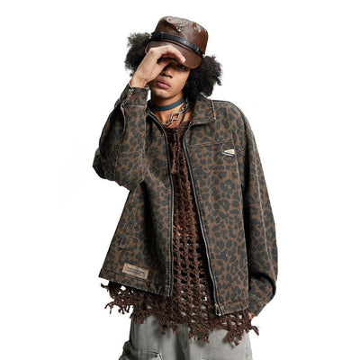 Leopard Print Denim Jacket Style Men's Punk Spring and Autumn Loose Casual Washed Open Front Zipper Collar Outerwear