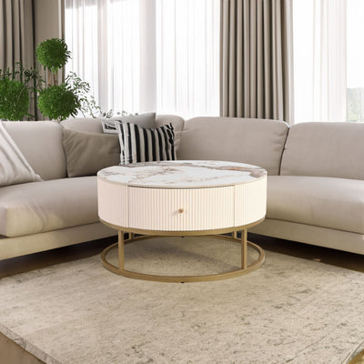 31.5 Inch Modern Round Coffee Table with Drawers, Marble Table with Storage, Coffee Table for Living Room