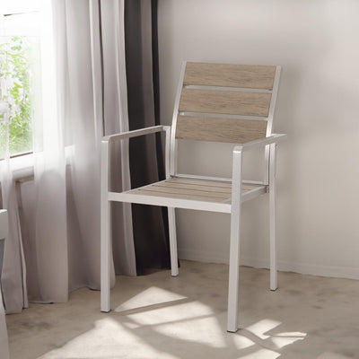 Outdoor Modern Aluminum Dining Chair with Faux Wood Seat (Set of 2), Natural and Silver