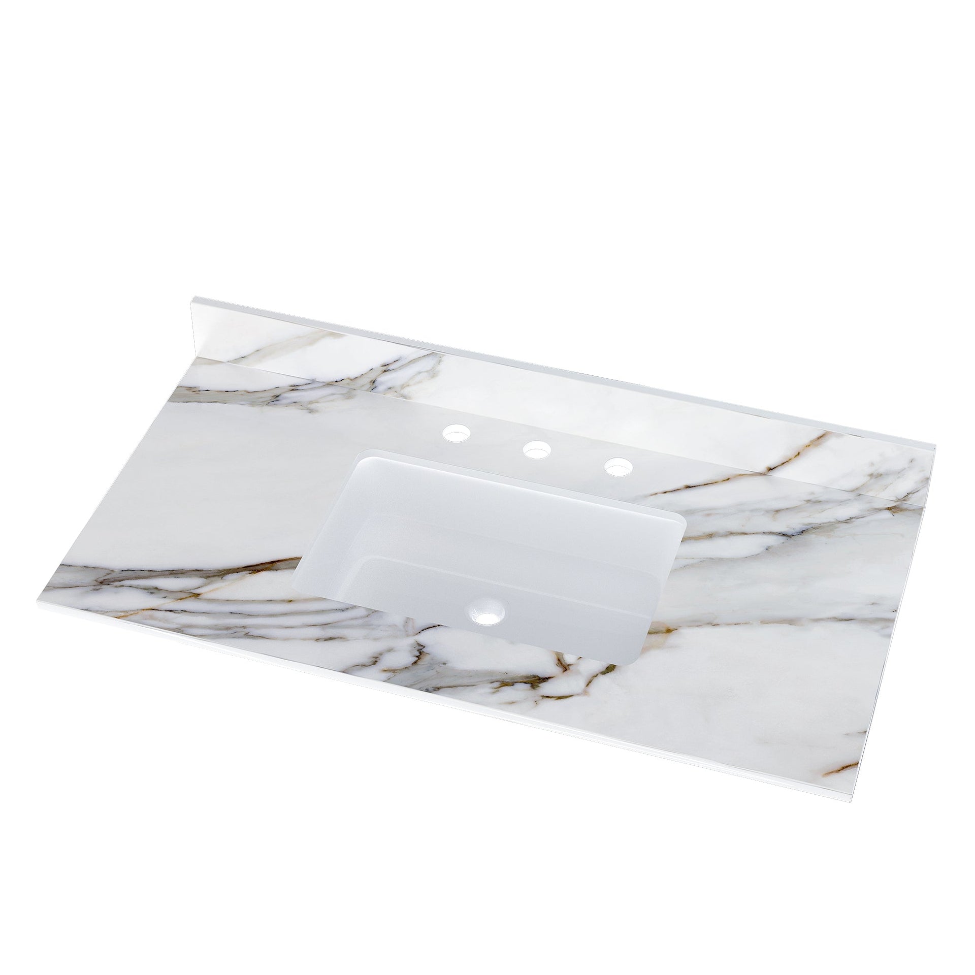 43 inch marble countertop with base rectangular central sink and 4-inch high splash guard, pre drilled 8-inch faucet hole ,white