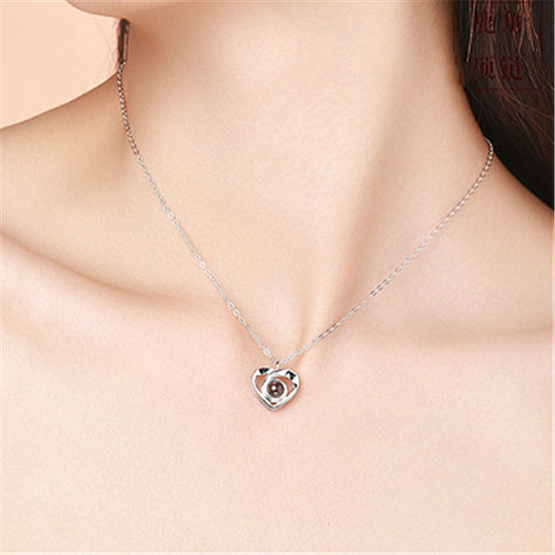Silver Love Heart shaped Projection Pendant Necklace in 100 Languages, I Love You Projection Pendant Clavicle Chain