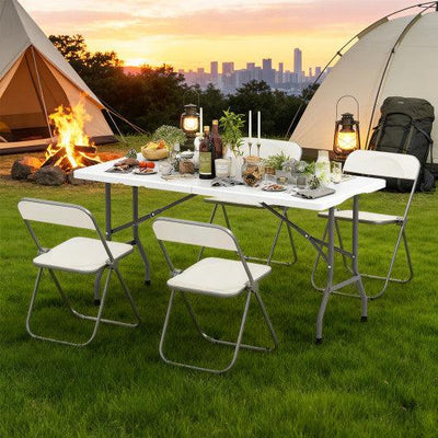 5FT Folding Picnic Table with Wood Grain HDPE Tabletop and Non-slip Foot Pads-WH