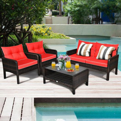 4 Pieces Outdoor Rattan Wicker Loveseat Furniture Set with Cushions-Red
