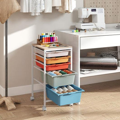 5-Drawer Rolling Storage Cart Mobile Utility Organizer with Wooden Tabletop and Lockable Wheels-Macaron