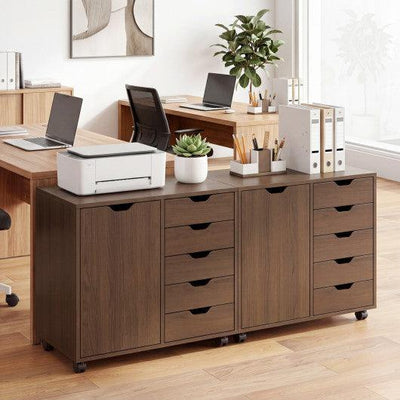 5 Drawer Storage Cabinet on Wheels with Adjustable Shelf-Brown