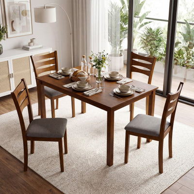 5-Piece Dining Table Set with Linen Fabric Upholstered Chairs and Solid Rubber Wood Frame for 4 People-Brown