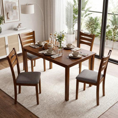 5-Piece Dining Table Set with Linen Fabric Upholstered Chairs and Solid Rubber Wood Frame for 4 People-Brown