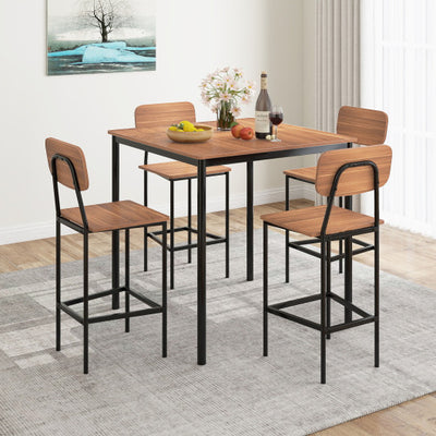 5-Piece Industrial Dining Table Set with Counter Height Table and 4 Bar Stools-Teak