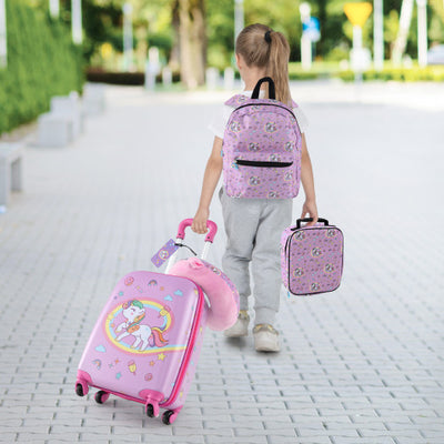 5 Piece Kids Luggage Set with Backpack Neck Pillow Name Tag Lunch Bag-Hot Pink