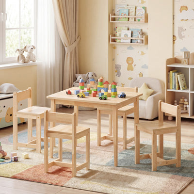 5-Piece Kids Table and Chairs Set Solid Rubber Wood Toddler Activity Table-Natural