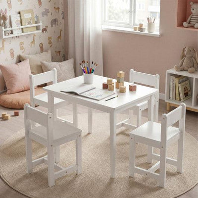 5-Piece Kids Table and Chairs Set Solid Rubber Wood Toddler Activity Table-White