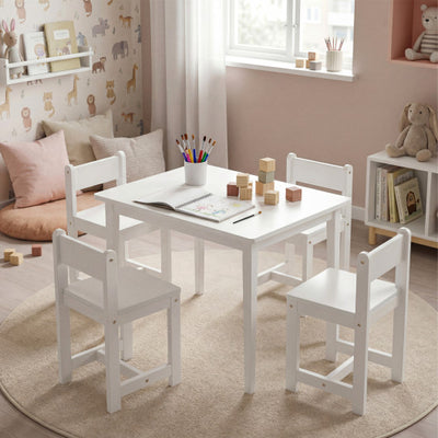 5-Piece Kids Table and Chairs Set Solid Rubber Wood Toddler Activity Table-White