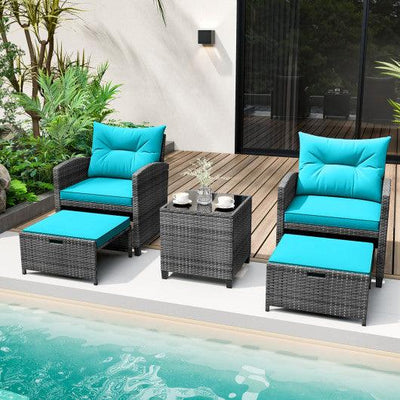 5 Piece Patio Rattan Furniture with 2 Ottomans and Tempered Glass Coffee Table-Turquoise