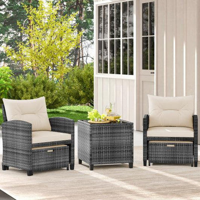 5 Piece Patio Rattan Furniture with 2 Ottomans and Tempered Glass Coffee Table-White